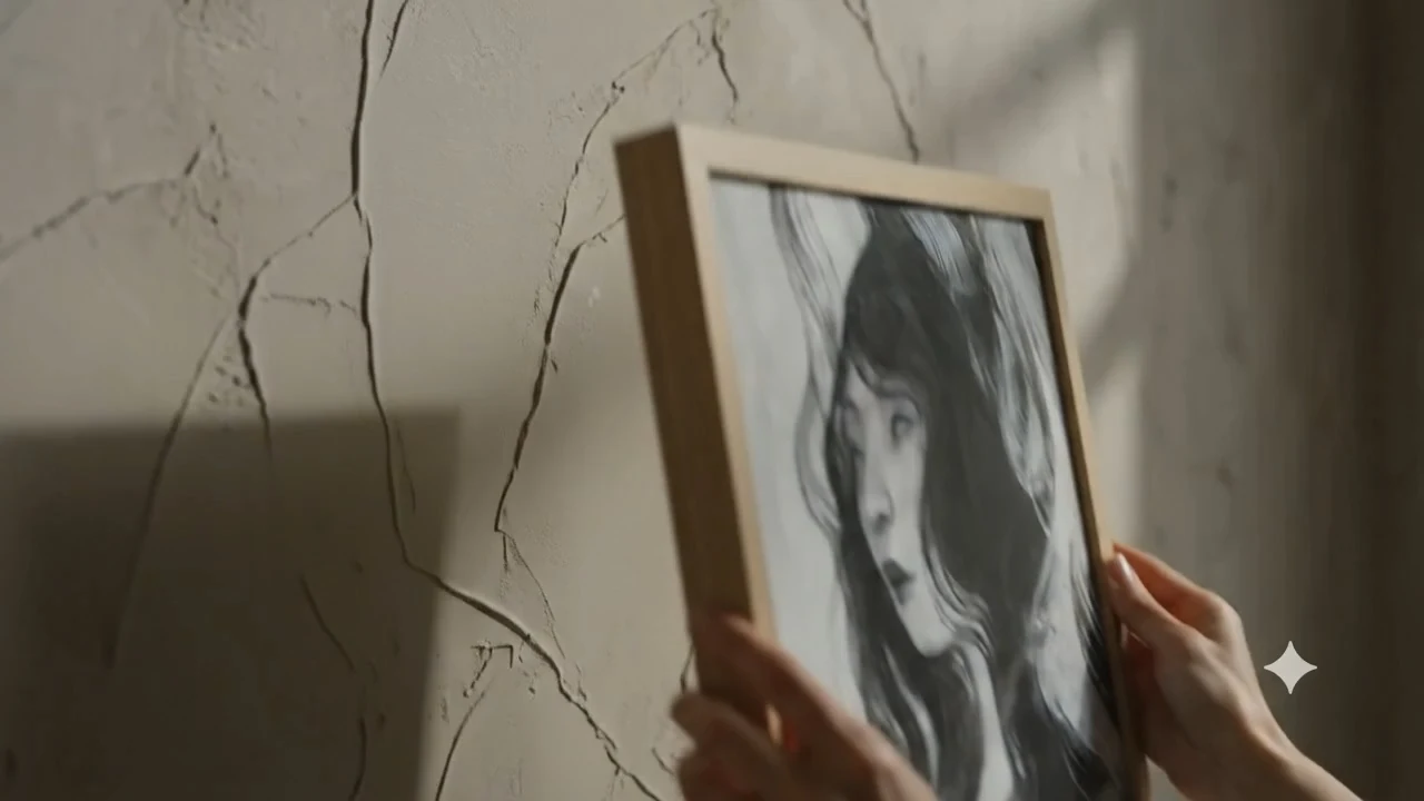 Hands hanging a framed charcoal portrait on a cracked plaster wall