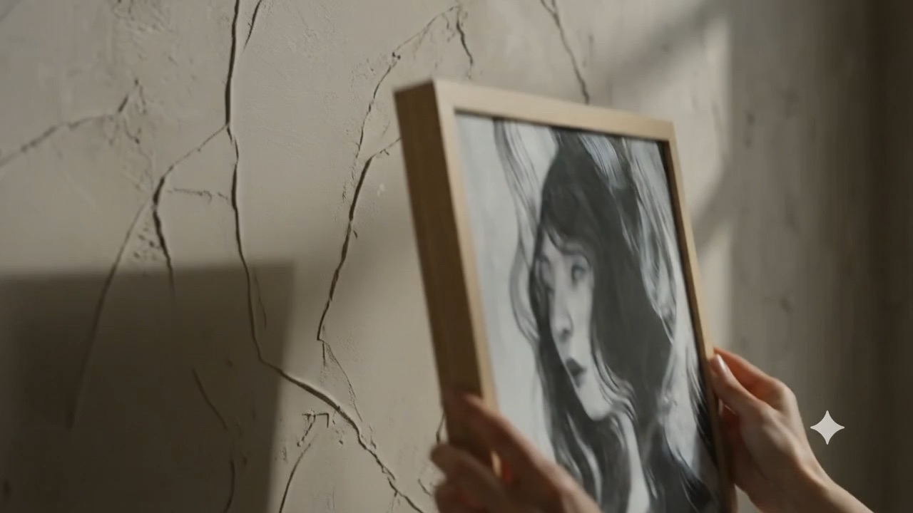 Hands hanging a framed charcoal portrait on a cracked plaster wall