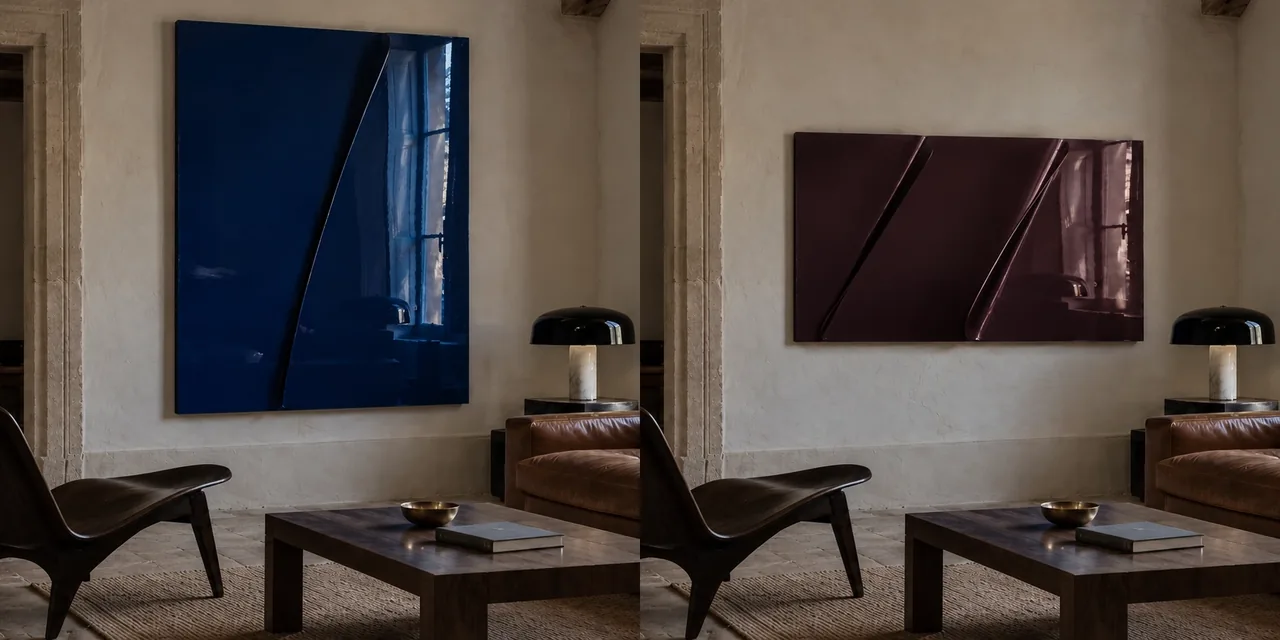 The two options side by side on the same wall: the indigo and the aubergine