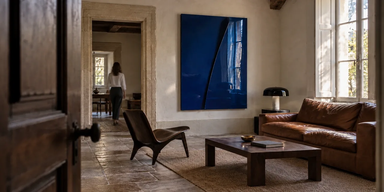 A lounge in a historic building: stone walls, a leather sofa and a deep blue metal work on the wall